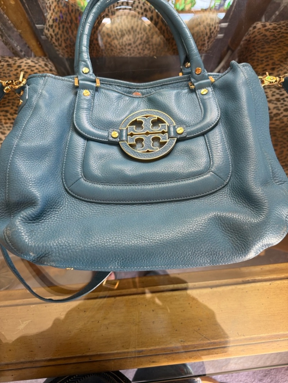 Tory Burch Blue Teal Pebbled Leather Shoulder Bag with Gold Logo - Picture 14 of 14
